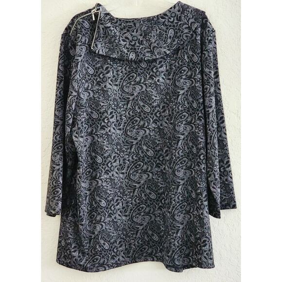 TOP/TUNIC STYLE-CHICO'S-Black Metallic Paisley-Long Length-Chico's Size 3 /LRG - Picture 2 of 15